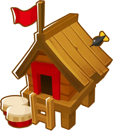 Image of the Primary Training building from Bloons TD 6. The structure is a wooden hut with a red flag on top, two large drums on the left, and a dart sticking out of the roof.