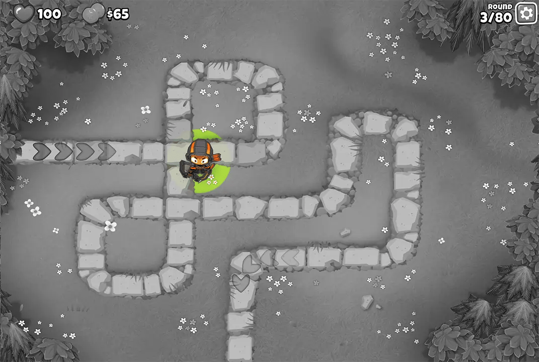 Early round of Bloons TD 6 on the Monkey Meadow map, displaying Quincy in the center of a stone path. The game interface shows $65 and 100 lives remaining, indicating it's round 3 out of 80.