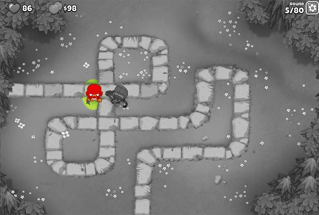 Bloons TD 6 gameplay on the Monkey Meadow map during round 5, featuring Quincy and a Ninja Monkey positioned on the path. The game interface shows $98 and 86 lives remaining.