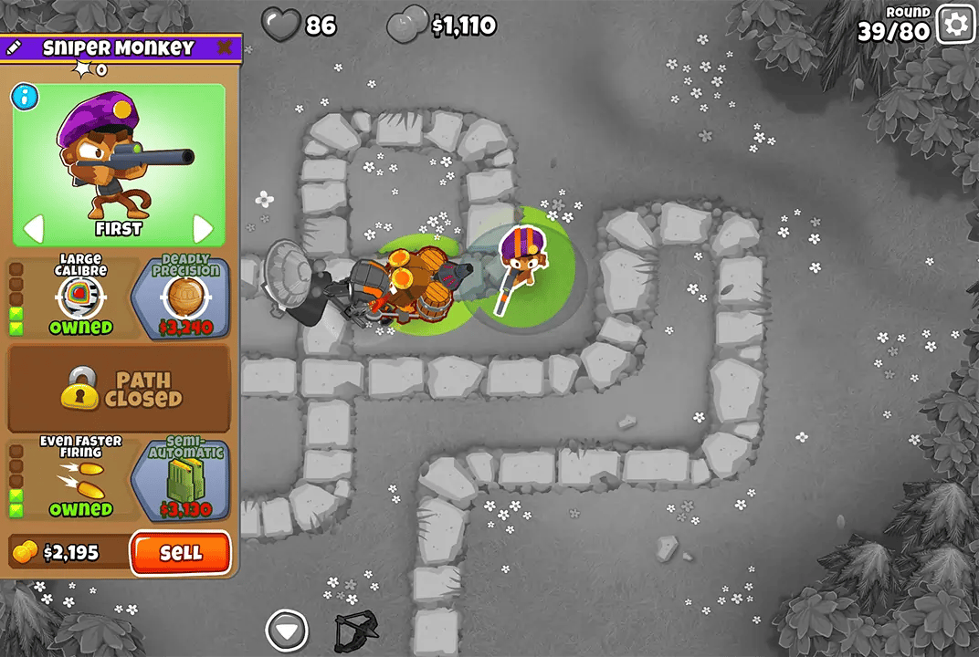 Gameplay of Bloons TD 6 on the Monkey Meadow map during round 39, showcasing a Sniper Monkey and an Alchemist along the path. The upgrade menu for the Sniper Monkey is visible on the left side.