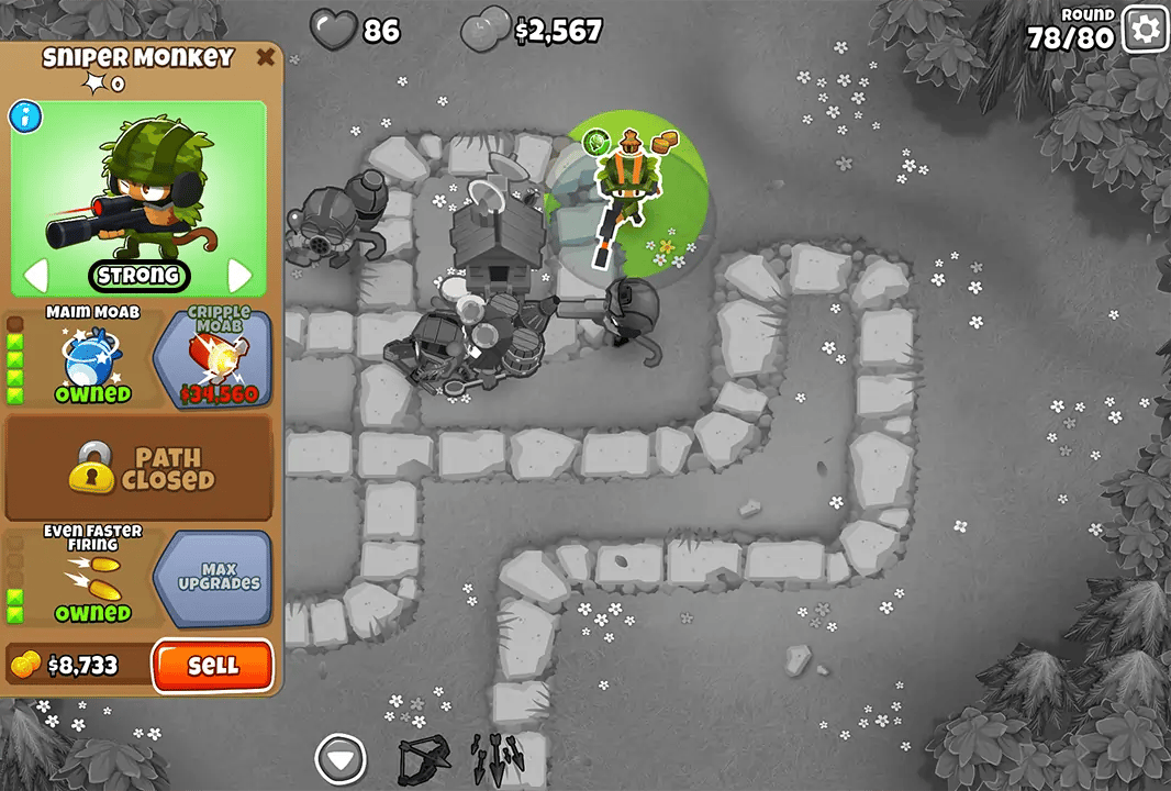 Screenshot of Bloons TD 6 on the Monkey Meadow map during round 78, with a Sniper Monkey highlighted and the upgrade options displayed on the left side. Various towers are positioned around a central building.