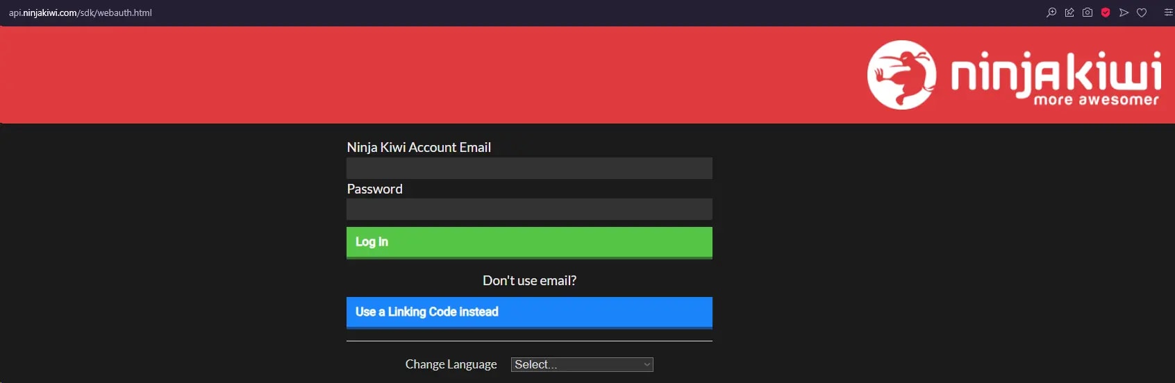 Ninja Kiwi's webpage with options to sign in and redeem codes. The page includes fields for entering a Ninja Kiwi account email and password, a 'Log In' button, and an alternative option to 'Use a Linking Code instead.