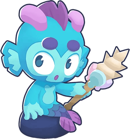 Image of the Mermonkey from BTD6, a blue aquatic-themed monkey character with purple accents, holding a trident. The character sits on a rock and features a fish-like tail, embodying the water-based theme of this tower.