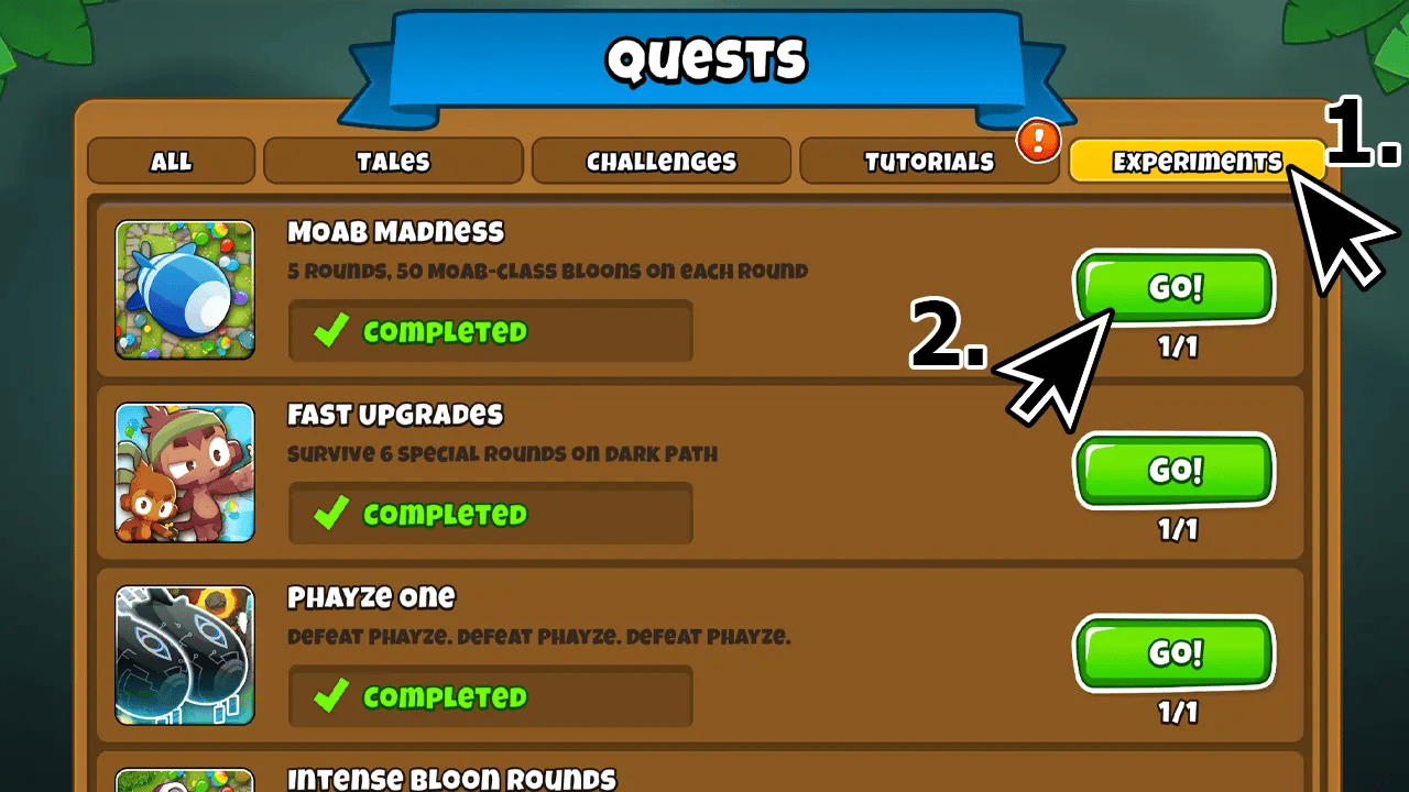 Screenshot of the BTD6 quest menu with the Experiments tab and MOAB Madness quest selected. The cursor points to the 'GO!' button, indicating the start of the quest which involves completing rounds with MOAB-class bloons.