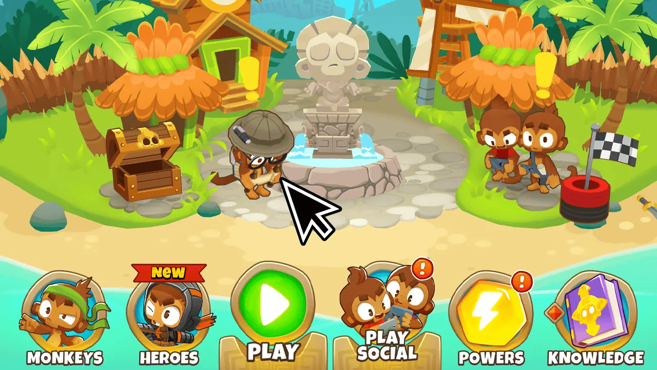 Screenshot of the BTD6 main menu with the Explorer Monkey highlighted by a cursor. The background shows a village with various monkeys, and the menu options include Monkeys, Heroes, Play, Play Social, Powers, and Knowledge.