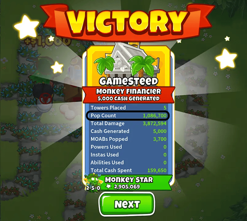 BTD6 victory screen displaying the completion of a quest with a pop count of 1,086,700. The stats include 5 towers placed, 3,872,594 total damage, 5,000 cash generated, and 3,700 MOABs popped. The Monkey Star is highlighted at the bottom with a 2-5-0 upgrade path and 2,905,069 pops.