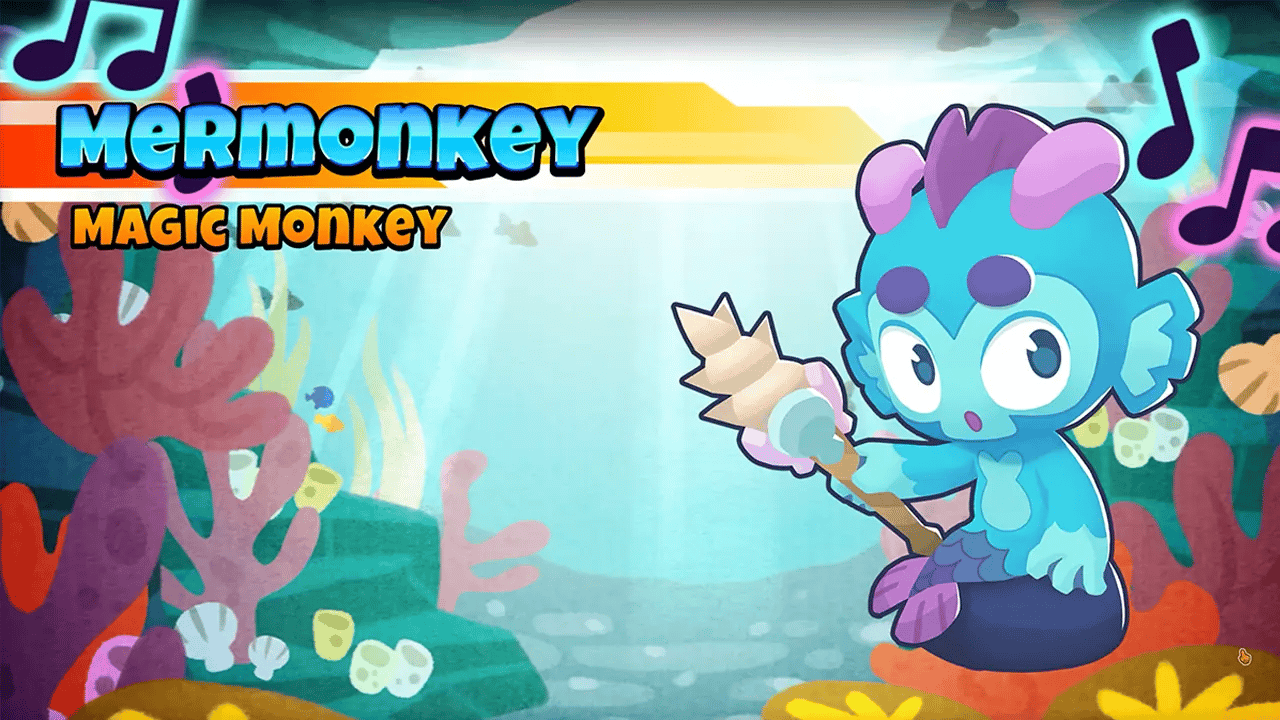 BTD6 screen showing the unlocked Mermonkey, labeled as a 'Magic Monkey.' The Mermonkey character is depicted underwater, holding a trident, with musical notes indicating its theme. The background features colorful coral and marine life.