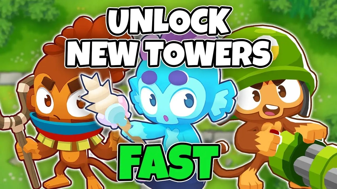 Illustration from the game Bloons Tower Defense 6 featuring three monkey characters: Beast Handler, Mermonkey, and Dartling Gunner. The text 'Unlock New Towers Fast' is prominently displayed above the characters.