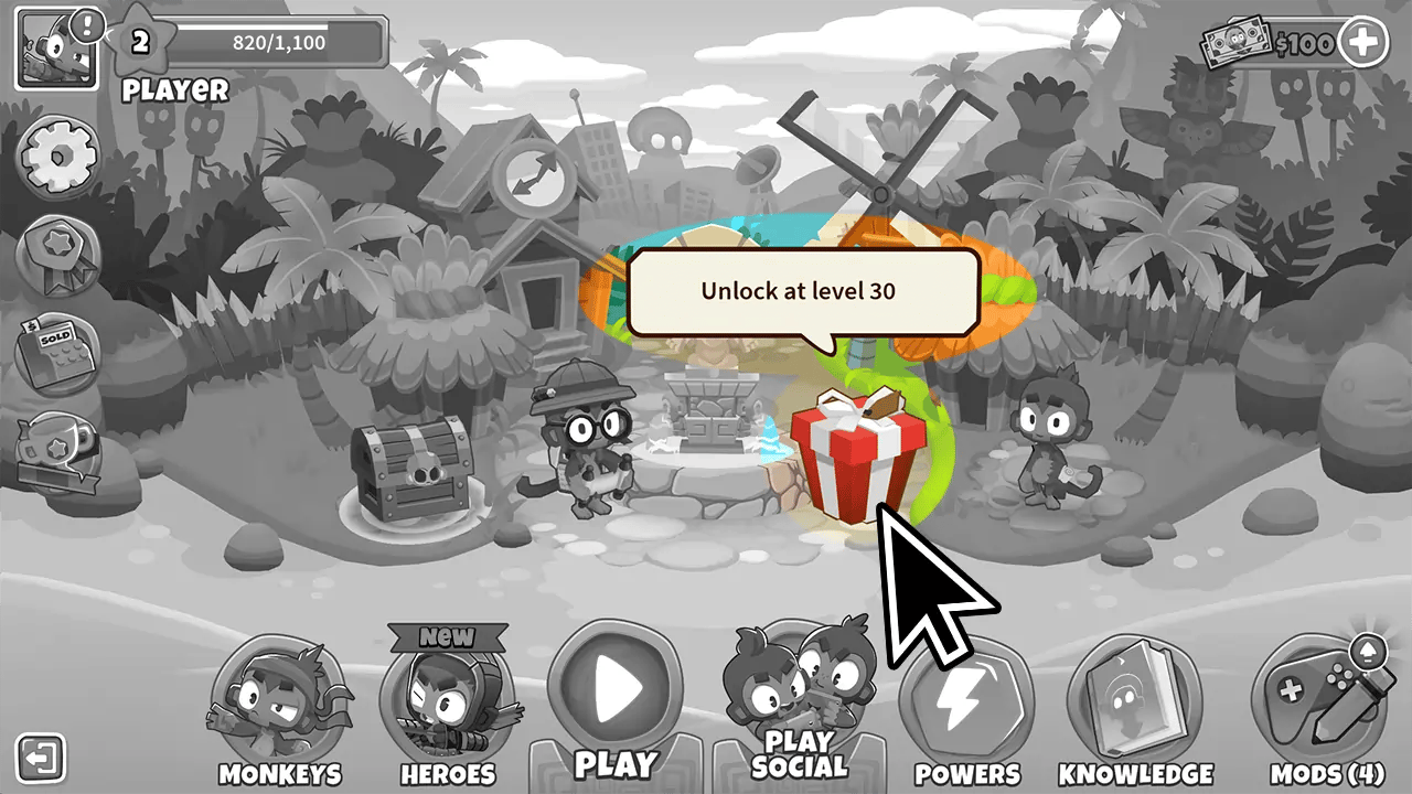 Screenshot of the main menu in BTD6 showing a prompt to "Unlock at level 30" with a gift icon in the center, used to access the screen for unlocking new towers.