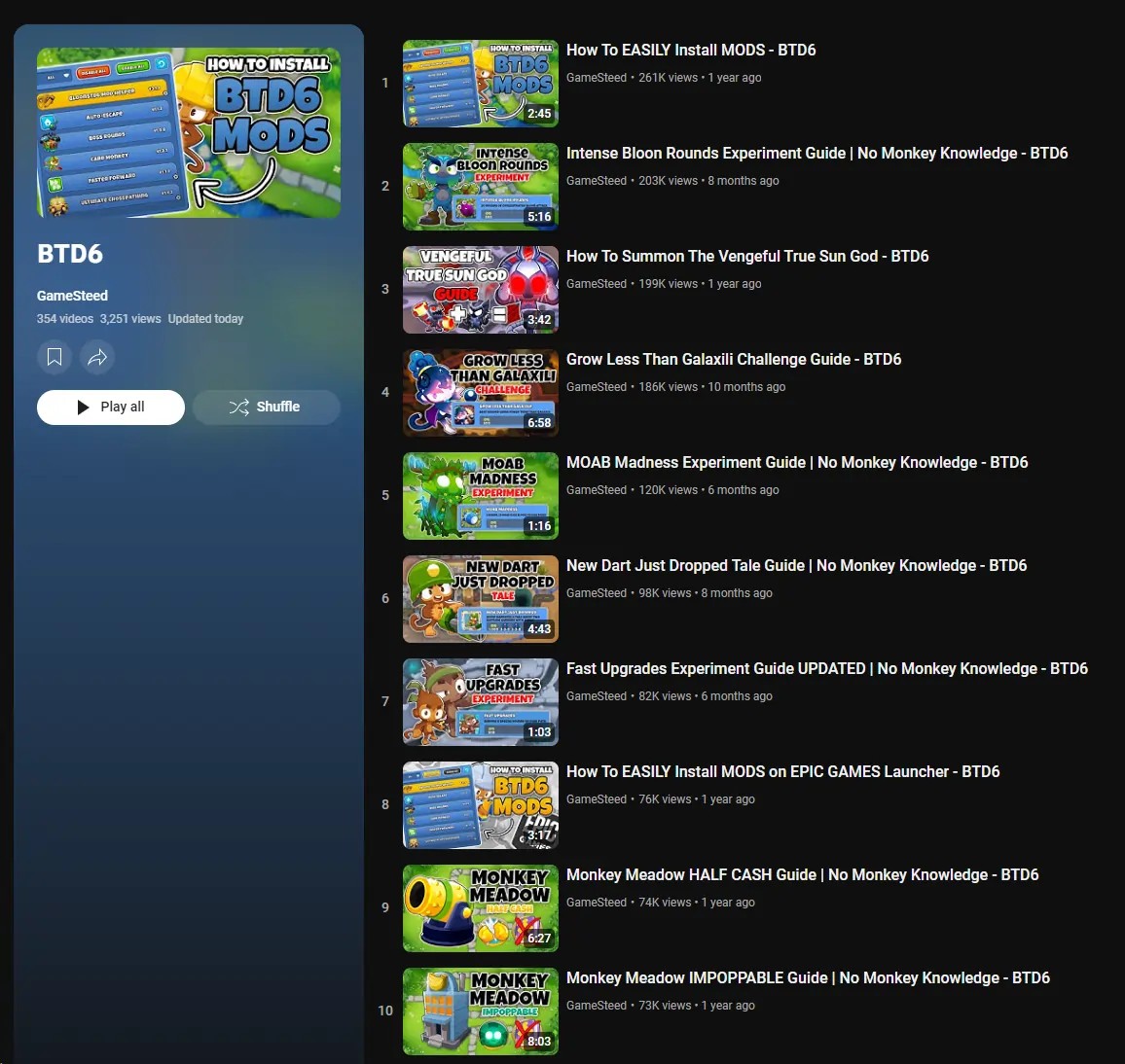 Screenshot of a YouTube playlist titled "BTD6" with various video guides, including "How to EASILY Install MODS," "Intense Bloon Rounds Experiment Guide," and others. The playlist is shown on the left with a thumbnail and video list on the right.