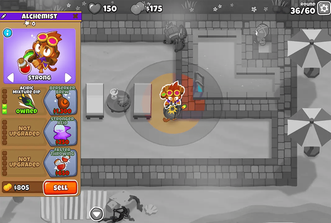 BTD6 gameplay screen during round 36, featuring an Alchemist placed near a pool. The left menu shows the Alchemist’s upgrades, including Acidic Mixture Dip and Berserker Brew, with a focus on the Alchemist's strong targeting.