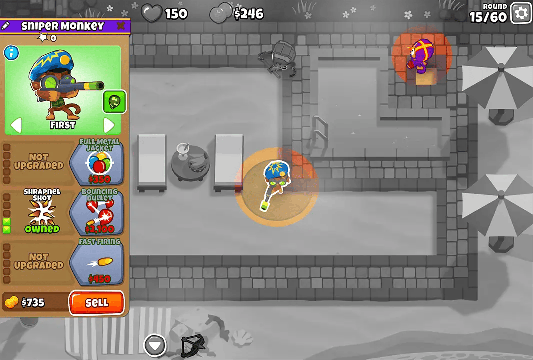 BTD6 gameplay screen during round 15, featuring a Sniper Monkey placed near a pool with a small track surrounding it. The left menu shows the Sniper Monkey's upgrade options and current stats.