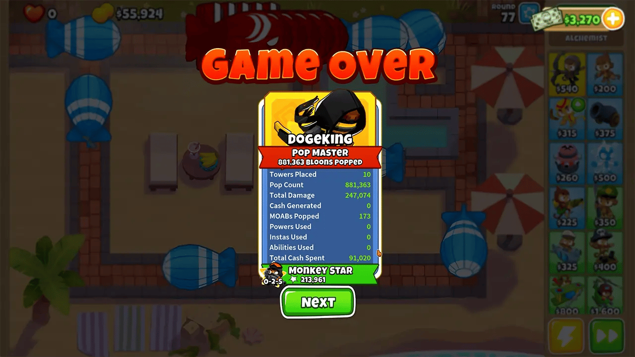 End-of-game screen in BTD6 showing a "Game Over" message with the player’s final statistics. The player, named "DOGEKING," popped 881,363 bloons with 10 towers placed, totaling 247,074 in damage and 173 MOABs popped.