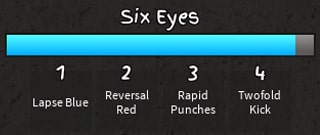 This image shows a user interface for a character named Gojo, featuring an "awakened progress bar" in blue that is slightly less than full, indicating some consumption. The menu, titled "Six Eyes," displays several abilities on a dark textured background. 