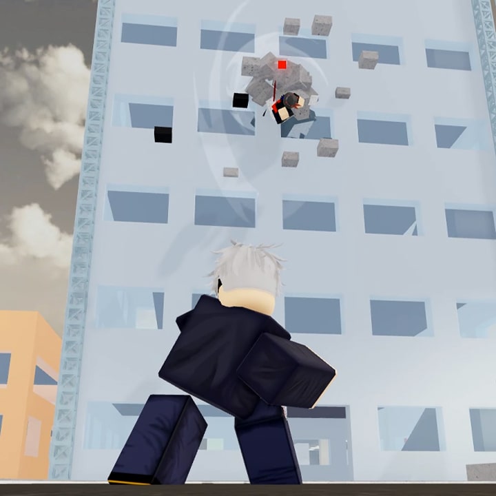 Image shows character Gojo, in a blue suit with white hair, standing in a city street and controlling debris with an outstretched hand to crush an enemy against a building. The debris appears to be in motion around the enemy, creating a dynamic and powerful scene.