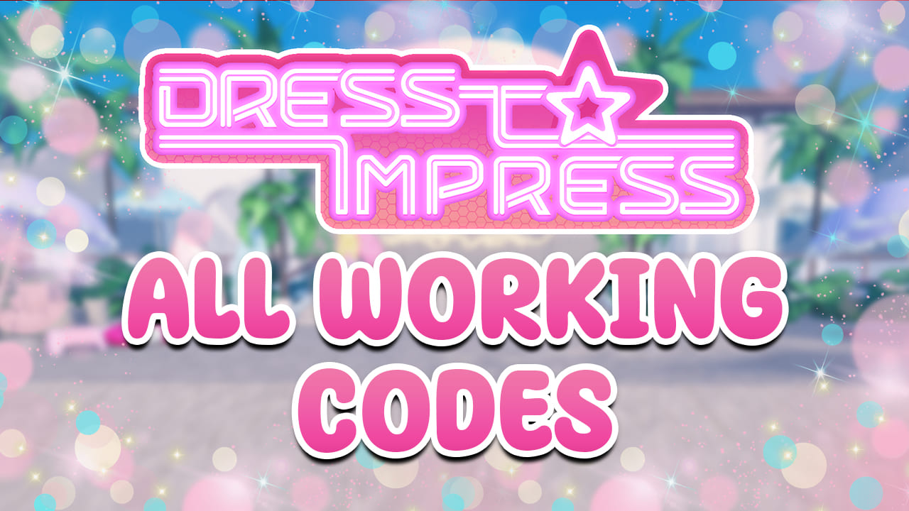 The image appears to be a promotional banner for the game "Dress to Impress" and features the text "ALL WORKING CODES." The design includes a vibrant background with sparkling bokeh effects, and the game's logo is prominently displayed at the top in a stylish, neon-like font. The text "ALL WORKING CODES" is written in bold, rounded letters below the logo, making it clear that the image is intended to highlight available game codes.