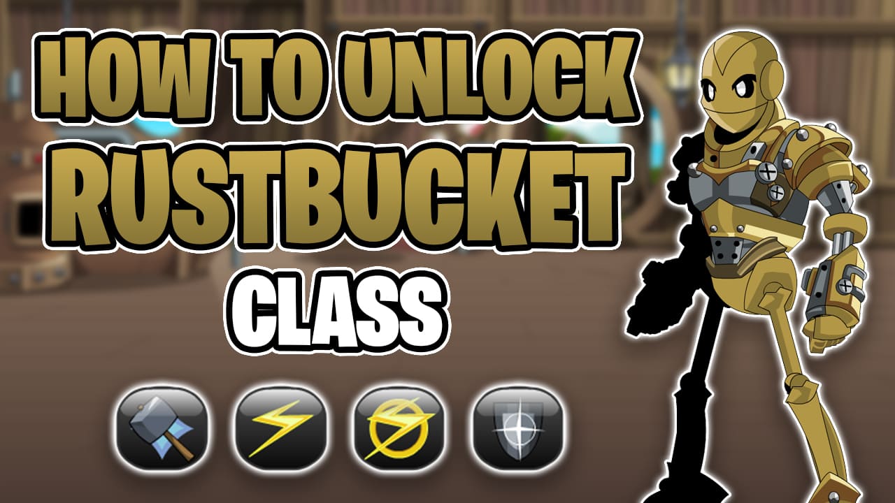 The image shows a promotional banner for the game "AdventureQuest Worlds" (AQW) with the title "How to Unlock Rustbucket Class" in large, bold yellow letters. On the right, there is a stylized robot character in golden and metallic armor, representing the Rustbucket class. Below the title, there are four icons showing different abilities or stats: a hammer, a lightning bolt, a crossed-out lightning bolt, and a shield. The background features a blurred interior, possibly a workshop or mechanical setting, complementing the Rustbucket theme.