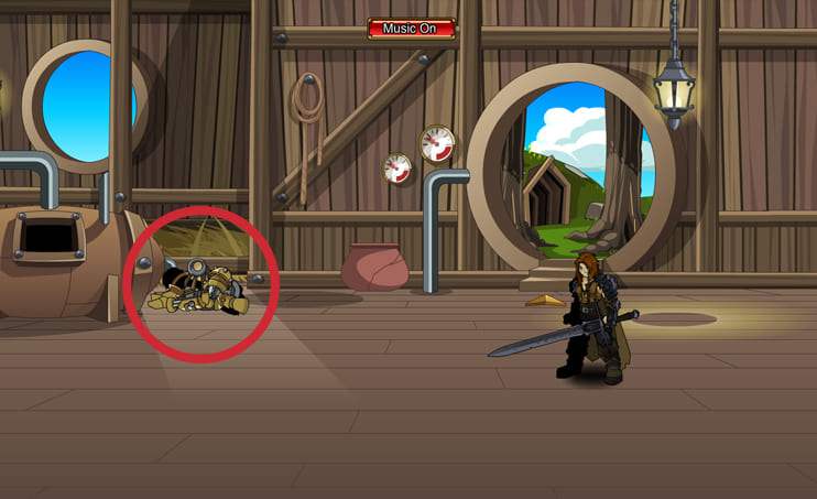 The image shows a gameplay scene from AdventureQuest Worlds inside a wooden structure, likely a workshop or mechanical room. A player character with a large sword stands on the right side of the room. On the left side, a small pile of golden robotic parts is highlighted in a red circle, indicating an important object or location related to the Rustbucket class. The background features wooden walls with round windows and metal pipes, adding to the industrial atmosphere. A bright sky with green hills can be seen through the doorway.