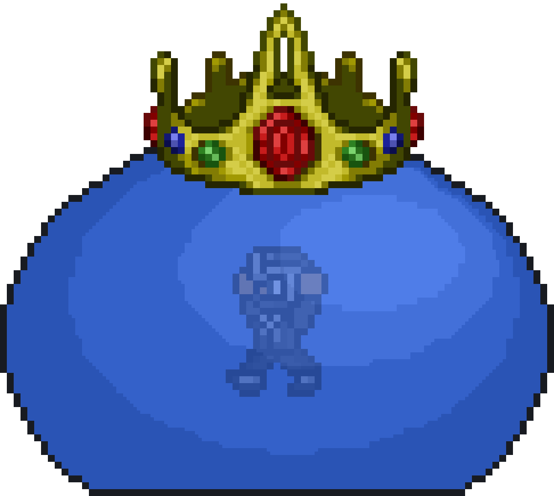 An image of King Slime, a large blue slime boss from Terraria. It features a crown on top of its head. King Slime's massive size and vibrant color make it stand out against the environment, with its distinctive blue hue and royal crown symbolizing its position as the "king" of slimes.