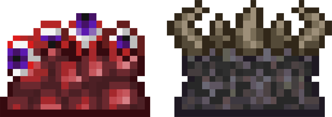 Crimson Altar and demon altar from terraria. The crimson altar is red with eyes poking out of it, while the demon altar is darkish grey with horns out of it