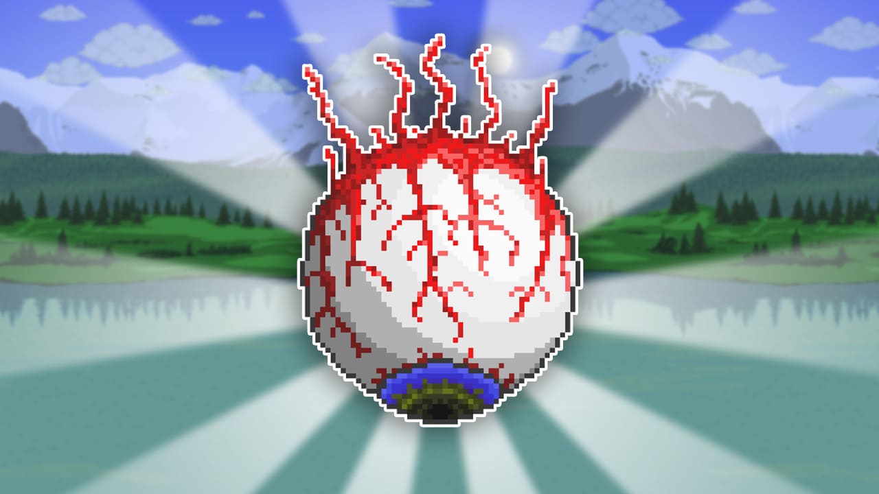 The image features the Eye of Cthulhu, a large, menacing floating eye with tentacles, positioned at the center. The eye is surrounded by a glowing light that emphasizes its intimidating presence. The background showcases the vibrant, pixelated environment of Terraria, with elements of the game's natural world like distant mountains and a dark, ominous sky. The design highlights the Eye of Cthulhu as a powerful boss, adding a sense of danger and intrigue to the scene.