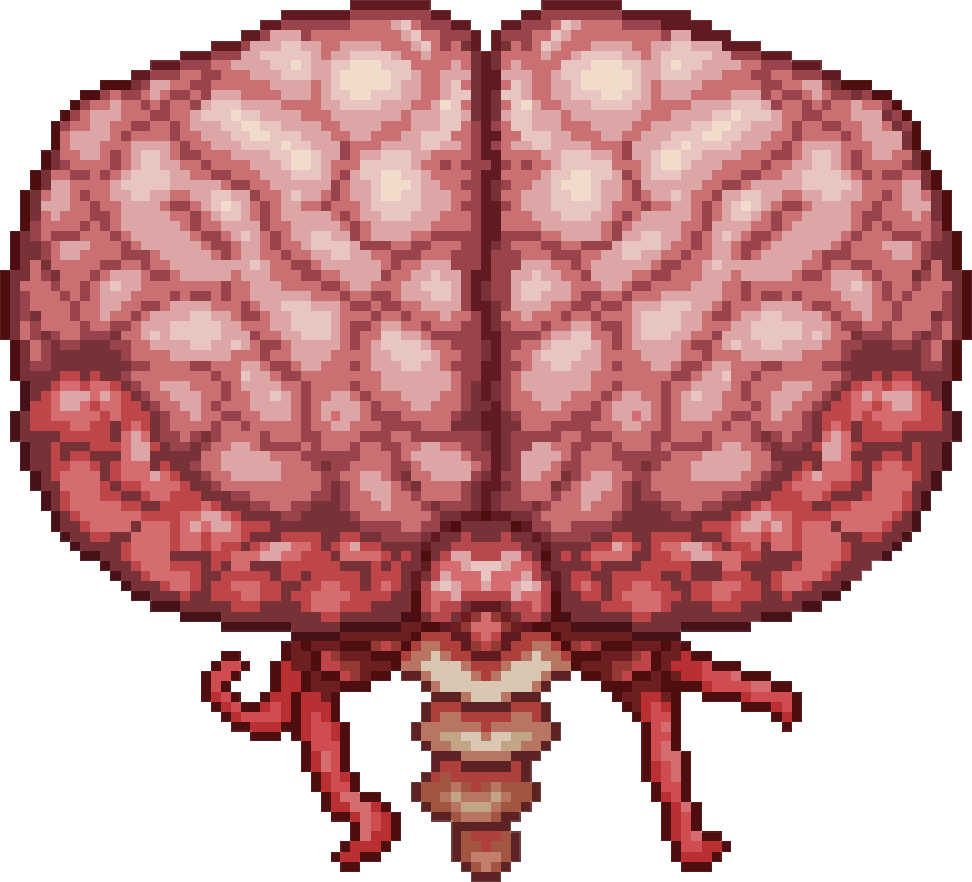 The image features the Brain of Cthulhu, a grotesque, fleshy brain-like creature from Terraria. It has a detailed, veiny texture with a symmetrical appearance, and its lower section includes a spine-like structure and writhing, red tendrils. The design is both eerie and alien, reflecting its role as a formidable boss in the Crimson biome.