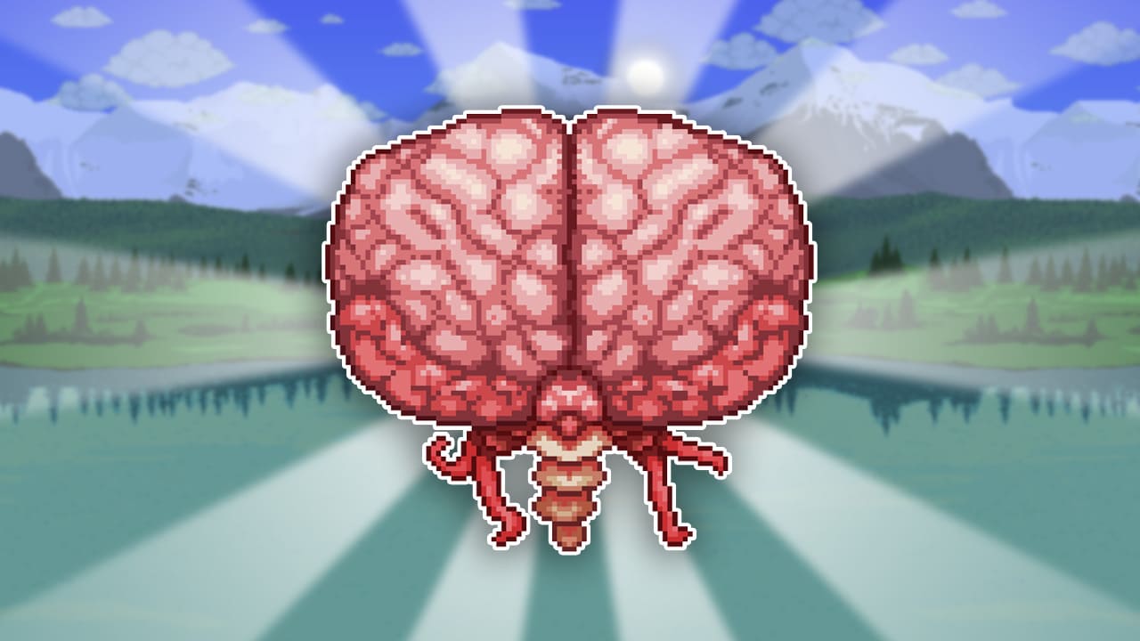 The image features the Brain of Cthulhu, a grotesque, fleshy brain-like creature from Terraria. It has a detailed, veiny texture with a symmetrical appearance, and its lower section includes a spine-like structure and writhing, red tendrils. The design is both eerie and alien, reflecting its role as a formidable boss in the Crimson biome.
It is surrounded by a white stroke and light is eminating from it, while the background is a Terraria background with green grassy areas and mountains