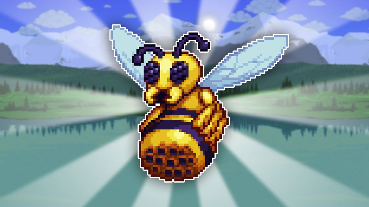 The image depicts the Queen Bee, a large, insect-like boss from Terraria. She has a yellow and black striped body, translucent wings, and a minigun barrel like bottom. Her face is detailed with sharp mandibles and black eyes, exuding a sense of danger. Around the queen bee is a white stroke and light eminating from her. The background is a terraria background with green grass areas and mountains