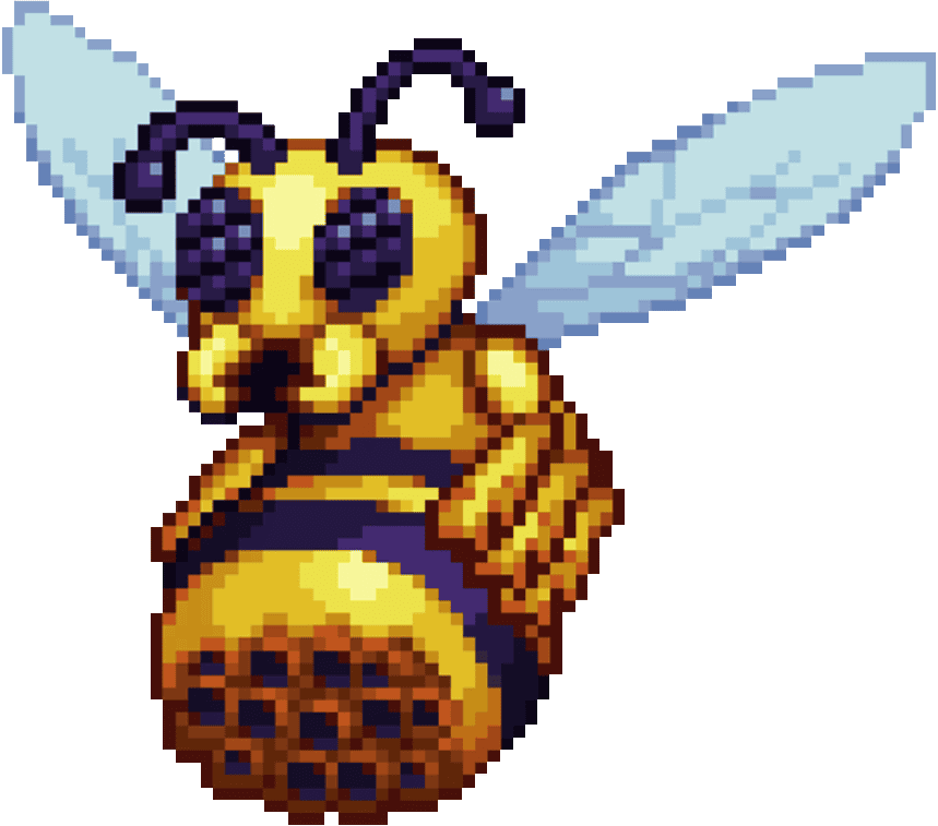 The image depicts the Queen Bee, a large, insect-like boss from Terraria. She has a yellow and black striped body, translucent wings, and a minigun barrel like bottom. Her face is detailed with sharp mandibles and black eyes, exuding a sense of danger.