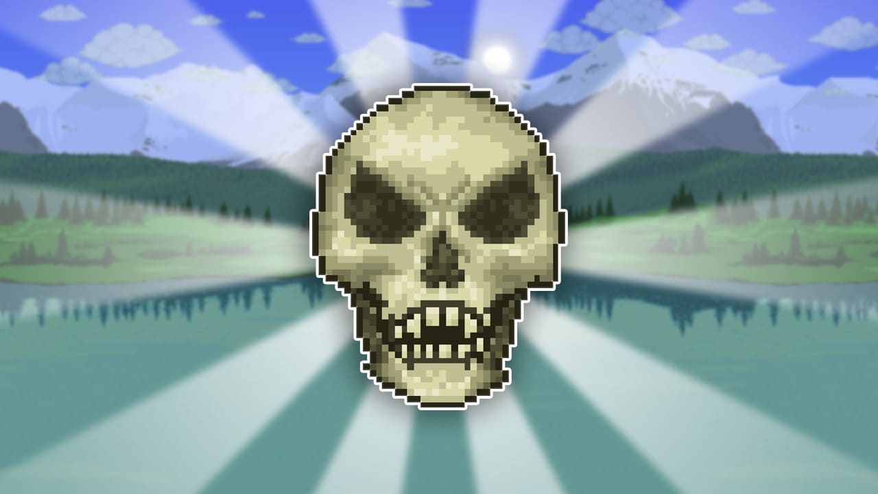 A giant rather demonic looking pixelated skull from Terraria, surrounded with a white stroke and light eminating from him. The background are green grassy areas and mountains from Terraria