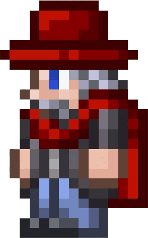 A pixelated old man wearing a red hat and red cloak, with long gray hair and beard and blue eyes, with blue pants and a grey jacket, from the game terraria