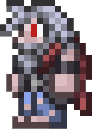 A  pixelated old man with long gray hair and a beard, with red eyes, wearing torn blue pants and a red cape, from the game Terraria