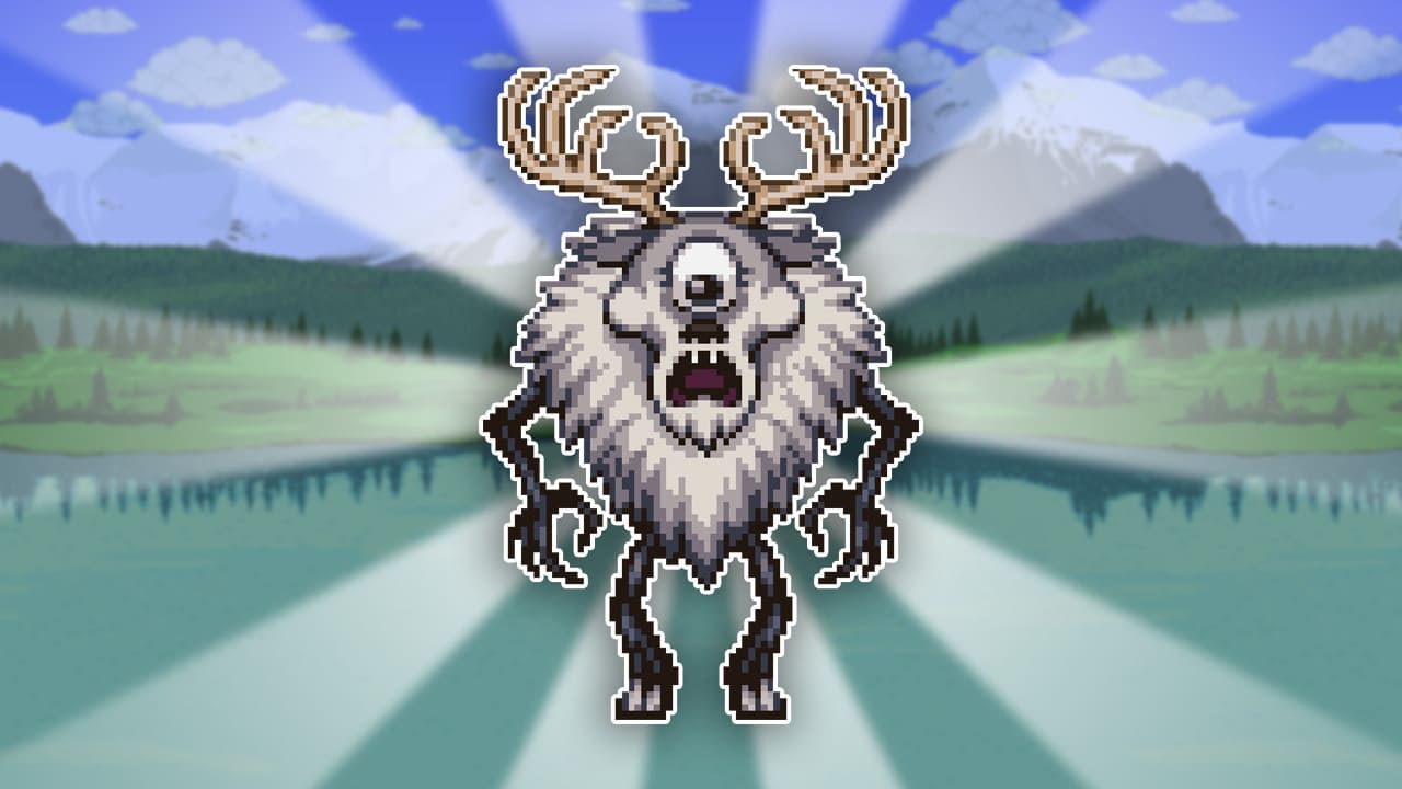 The Deerclops from Terraria is a towering, monstrous creature with a cyclopean eye in the center of its head. It has a gaunt, skeletal appearance with tattered gray fur draped across its lanky frame. Its elongated limbs end in sharp claws, and a hunched posture. The creature’s single eye is its most prominent feature, exuding a menacing aura. It also has antlers and is pixelated. the background is a terraria background showing grassy green plains and mountains