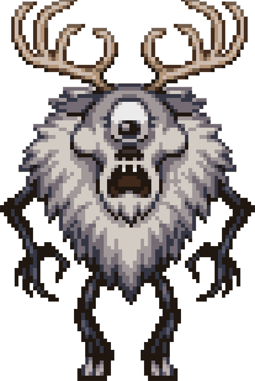 The Deerclops from Terraria is a towering, monstrous creature with a cyclopean eye in the center of its head. It has a gaunt, skeletal appearance with tattered gray fur draped across its lanky frame. Its elongated limbs end in sharp claws, and a hunched posture. The creature’s single eye is its most prominent feature, exuding a menacing aura. It also has antlers and is pixelated.