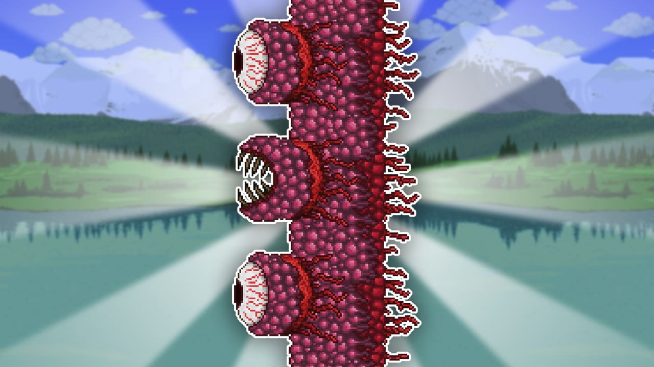 The image features the Wall of Flesh from Terraria, a massive vertical boss made up of grotesque, fleshy segments with large, glaring eyes and gaping, tooth-filled mouths along its surface. The Wall of Flesh exudes a sinister and menacing presence, standing out against a bright and peaceful background of mountains, trees, and a calm lake