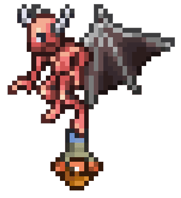 A pixelated red demon with wings and horns holding a guide voodoo doll with its feet