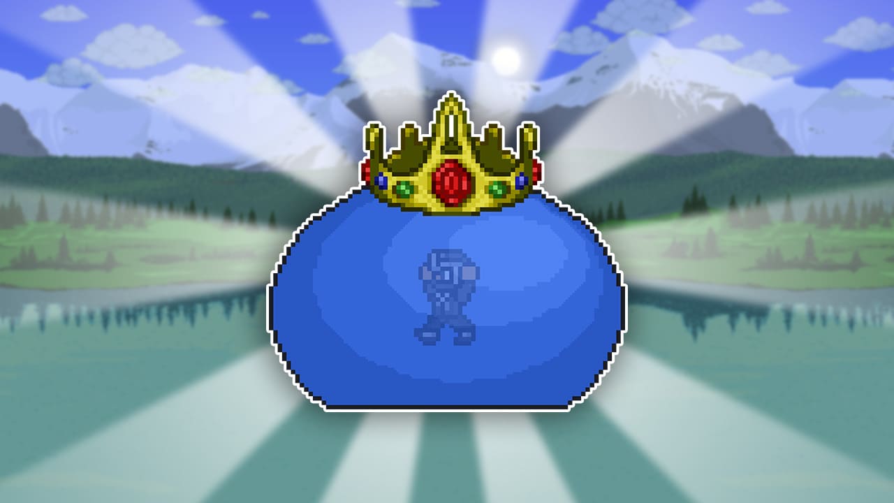 The image features the King Slime, a large, blue, gelatinous creature with a crown, positioned at the center. Surrounding the King Slime is a glowing light, emphasizing its size and power. The background showcases the vibrant, pixelated environment from Terraria, with lush greenery, hills, and distant mountains. The overall design highlights the King Slime as a formidable boss in the game, with an aura of mysticism and danger surrounding it.