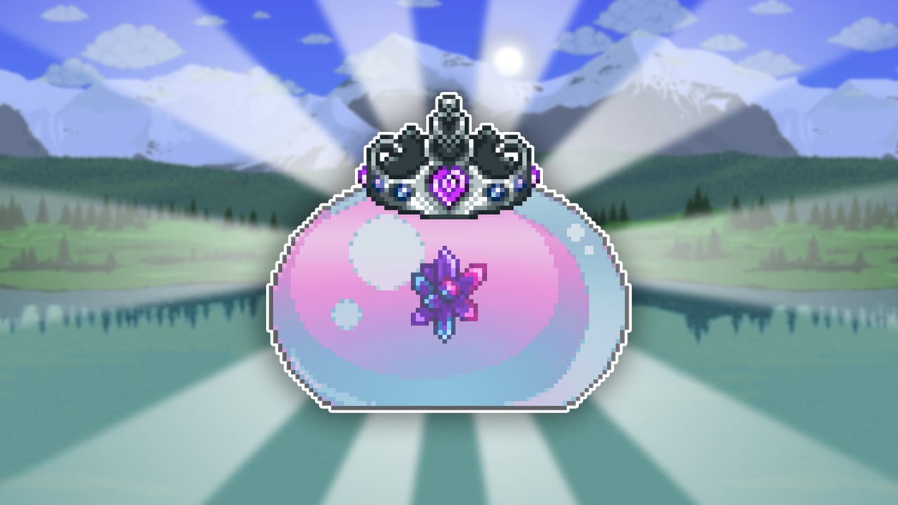 Queen Slime, a radiant and gelatinous boss adorned with a regal crown, hovers majestically against a serene mountain landscape, representing Terraria's majestic and challenging mid-Hardmode encounter."