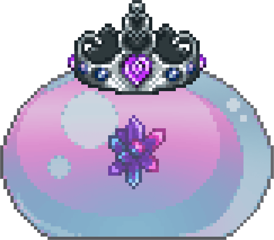 Queen Slime, a radiant and gelatinous pinkish blue boss adorned with a regal crown. Pixel art