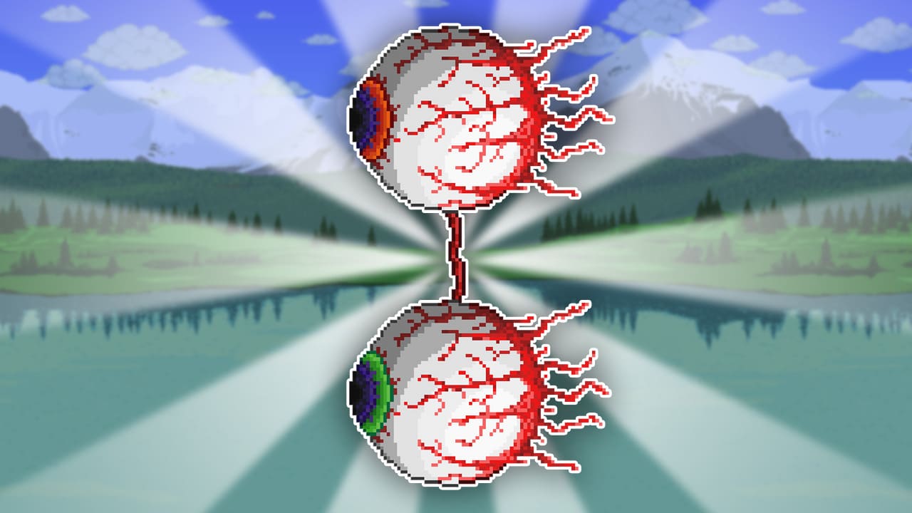 The image shows The Twins, two large mechanical eyeballs from Terraria. The top eye has a green pupil with a red, veiny sclera, while the bottom eye has a red pupil with a similar veiny appearance. Both are connected by a thin, metallic rod, and the background features a serene landscape with mountains, trees, and a lake under a bright sky.