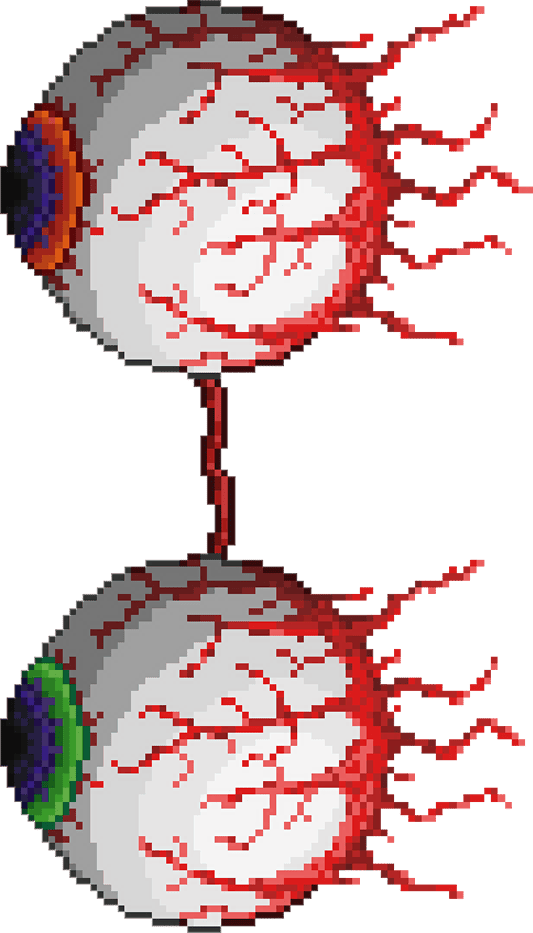 The image shows The Twins, two large mechanical eyeballs from Terraria. The top eye has a green pupil with a red, veiny sclera, while the bottom eye has a red pupil with a similar veiny appearance. Both are connected by a thin, metallic rod