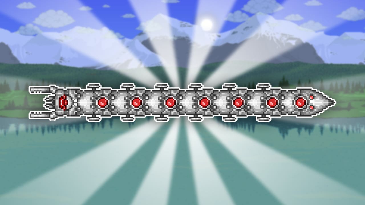 An image showing The Destroyer from Terraria, a massive mechanical worm-like boss composed of multiple silver segments, each with glowing red cores. The background features a serene landscape with mountains, trees, and a lake under a bright sky.