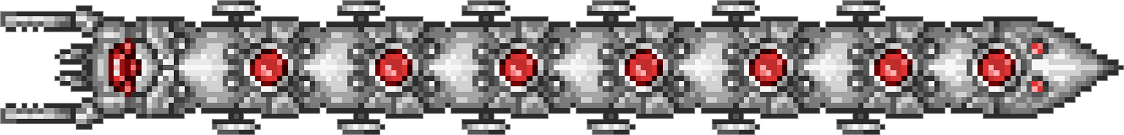 An image showing The Destroyer from Terraria, a massive mechanical worm-like boss composed of multiple silver segments, each with glowing red cores