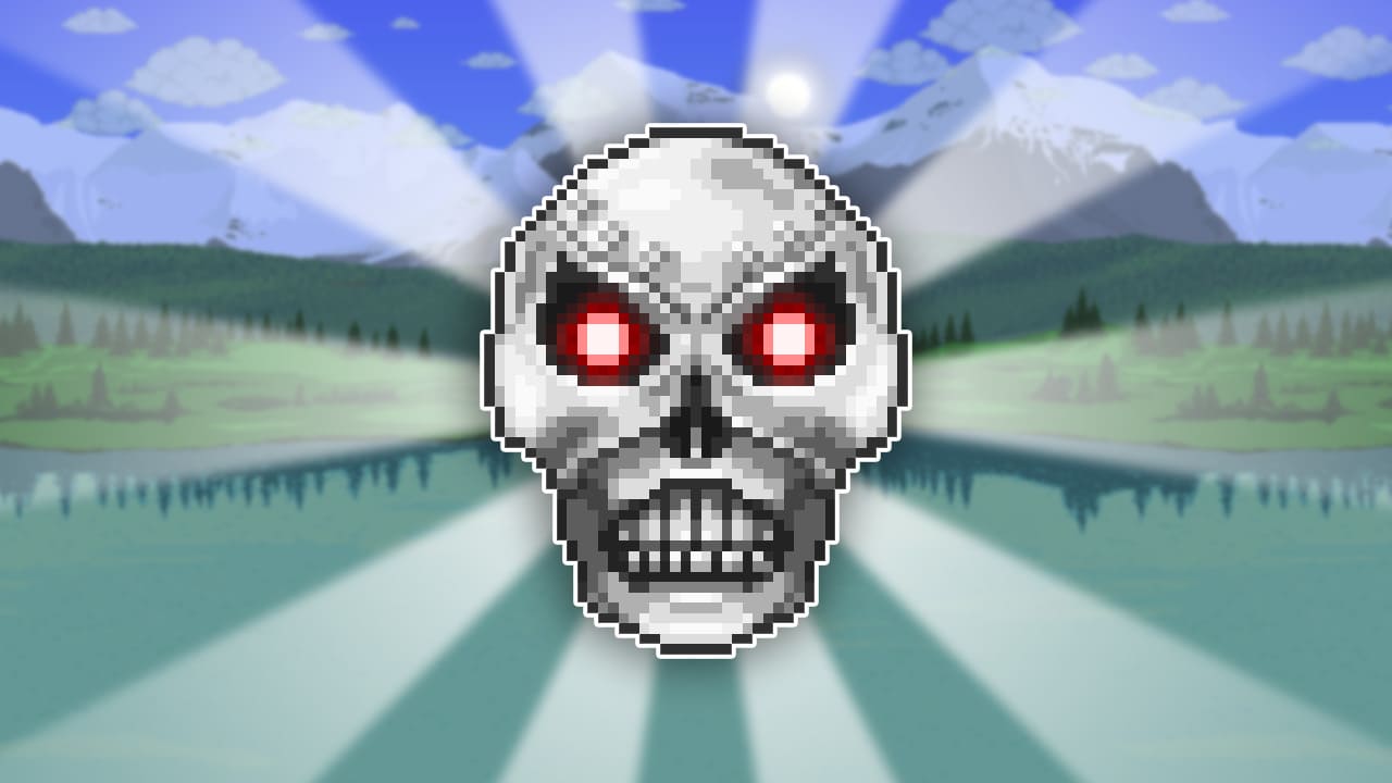 A large pixelated mechanical skull with glowing red eyes called Skeletron Prime from terraria, hovers majestically against a serene mountain landscape, representing Terraria's majestic and challenging mid-Hardmode encounter