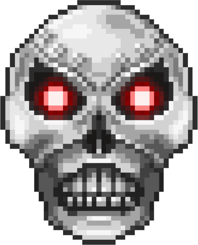 A large pixelated mechanical skull with glowing red eyes called Skeletron Prime from terraria