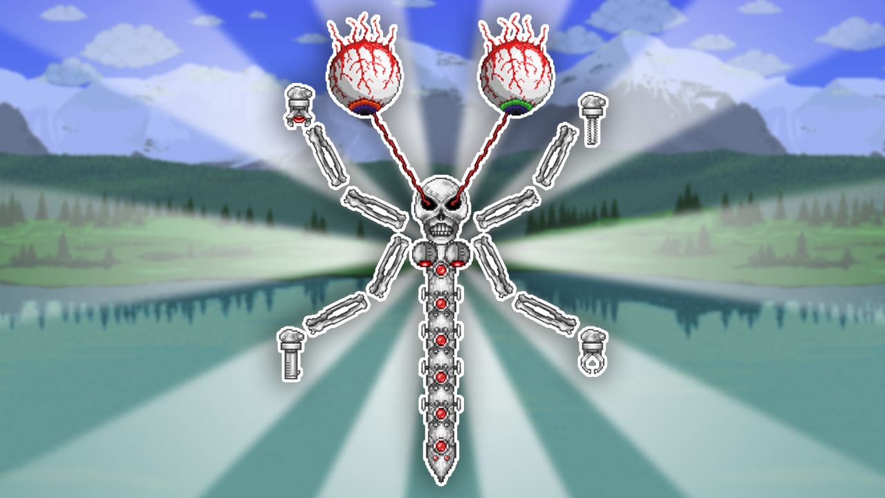 A Terraria thumbnail featuring Mechdusa, a fusion of mechanical bosses, with glowing red eyes and robotic limbs against a scenic mountain and lake background. Bright rays of light highlight the central figure, giving it a dramatic and imposing appearance