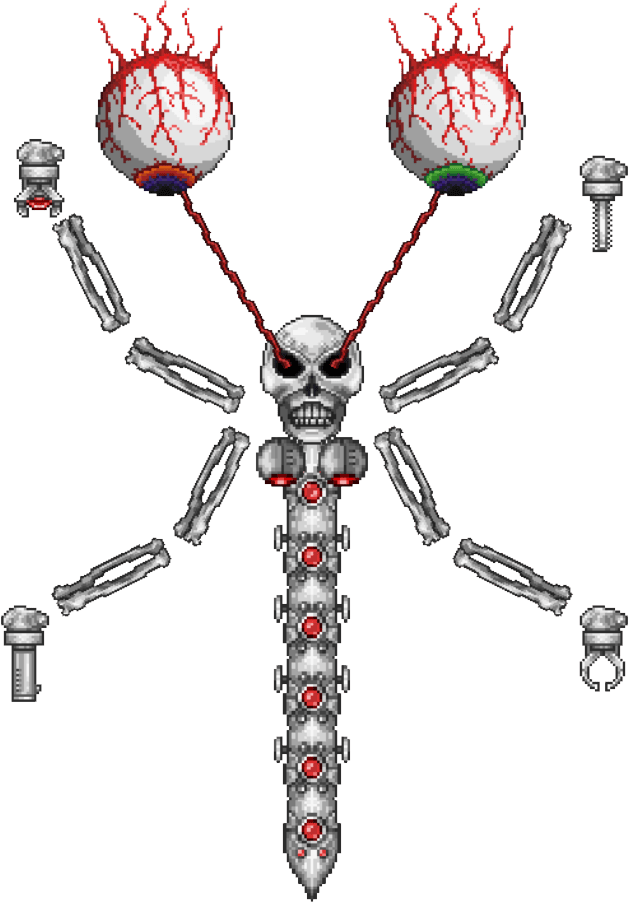 Mechdusa, a pixelated fusion of mechanical bosses, with glowing red eyes and robotic limbs from the game terraria