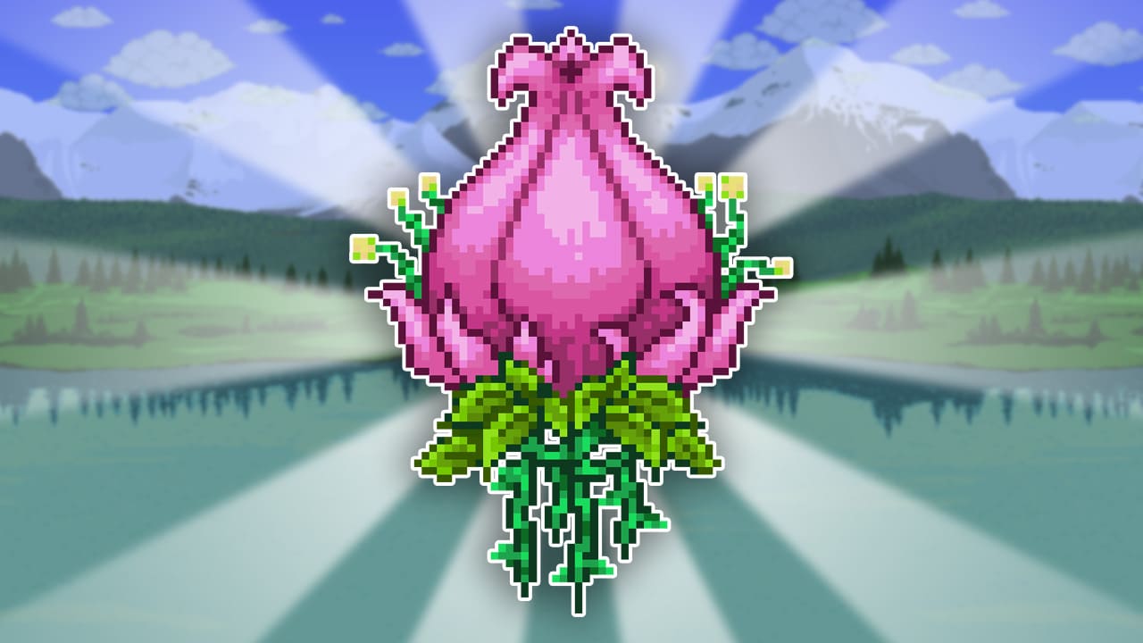 Pixel art of a large pink, bulbous flower-like creature with green leafy vines emerging from its base, set against a background of mountains, a lake, and a cloudy blue sky with dramatic light rays shining outward. Cover art for a Plantera guide from Terraria.