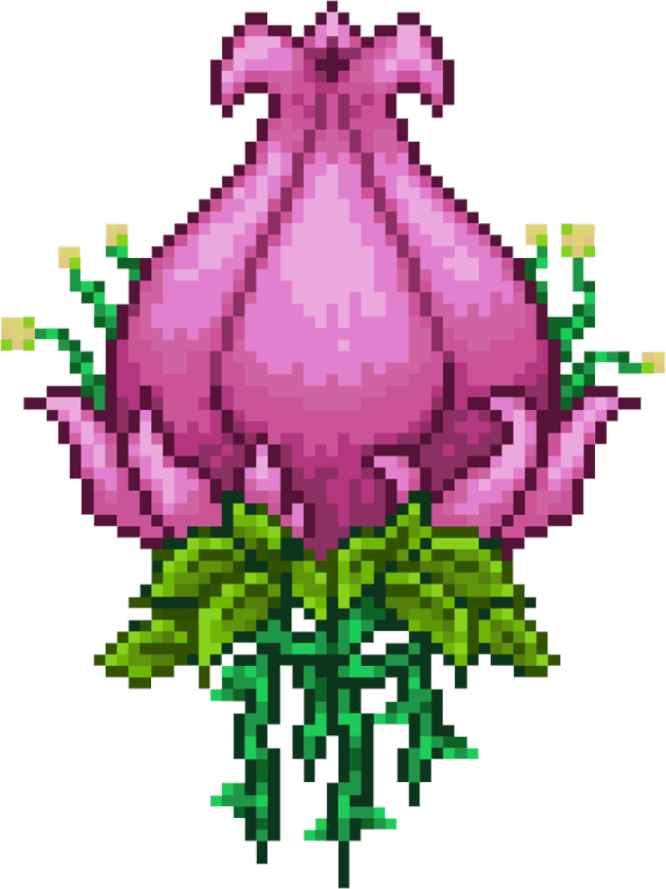 Pixel art of a large pink, bulbous flower-like creature with green leafy vines emerging from its base, set against a background of mountains, a lake, and a cloudy blue sky with dramatic light rays shining outward. Cover art for a Plantera