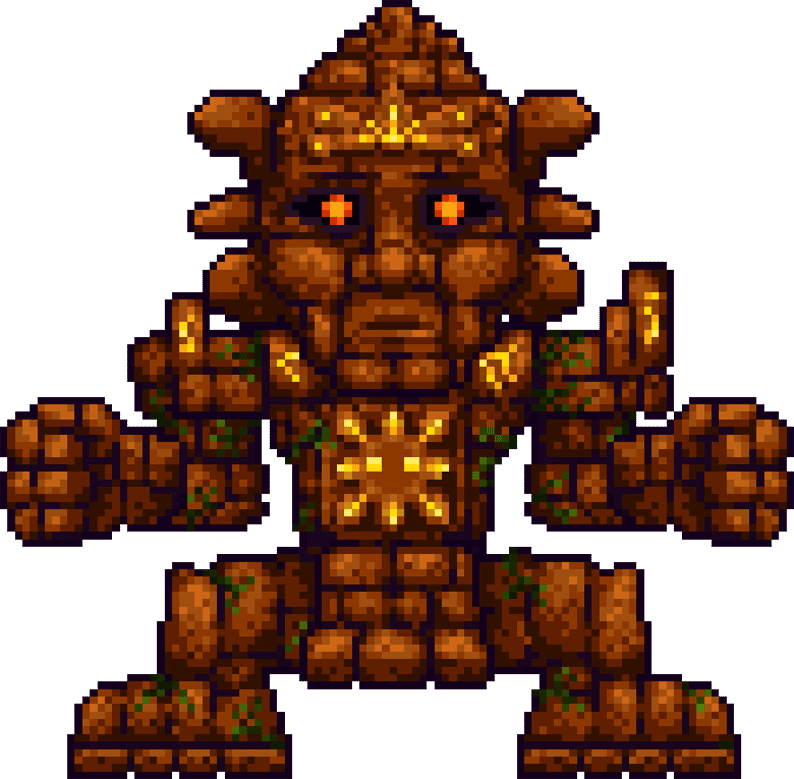 Golem, a large stone and gold pixelated boss with glowing orange eyes, set against a bright mountain landscape with light rays emanating from the center.